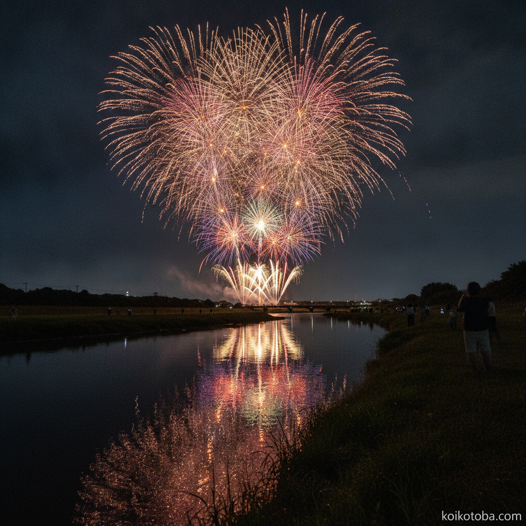 夏の夜空に広がる花火と川面に映る光