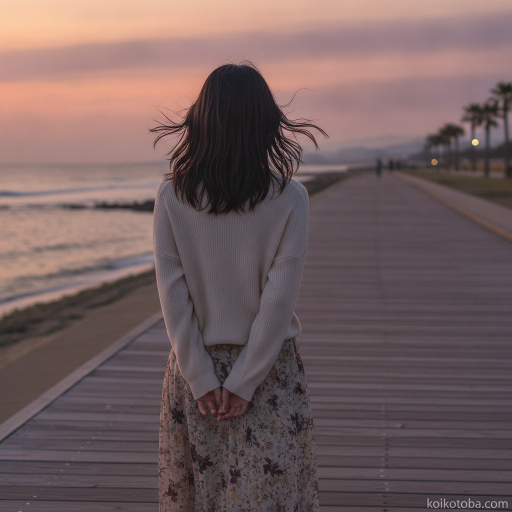 夕暮れの海辺を一人で歩く女性の後ろ姿