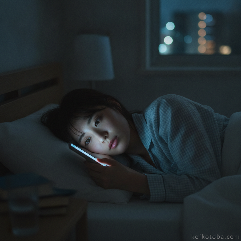 夜にスマホを見つめながら物思いにふける女性