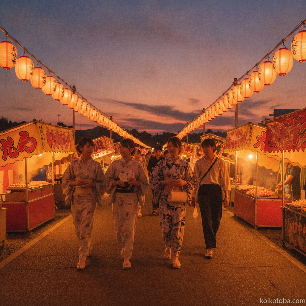 夕暮れの夏祭り会場、提灯と屋台の明かりが並ぶ参道