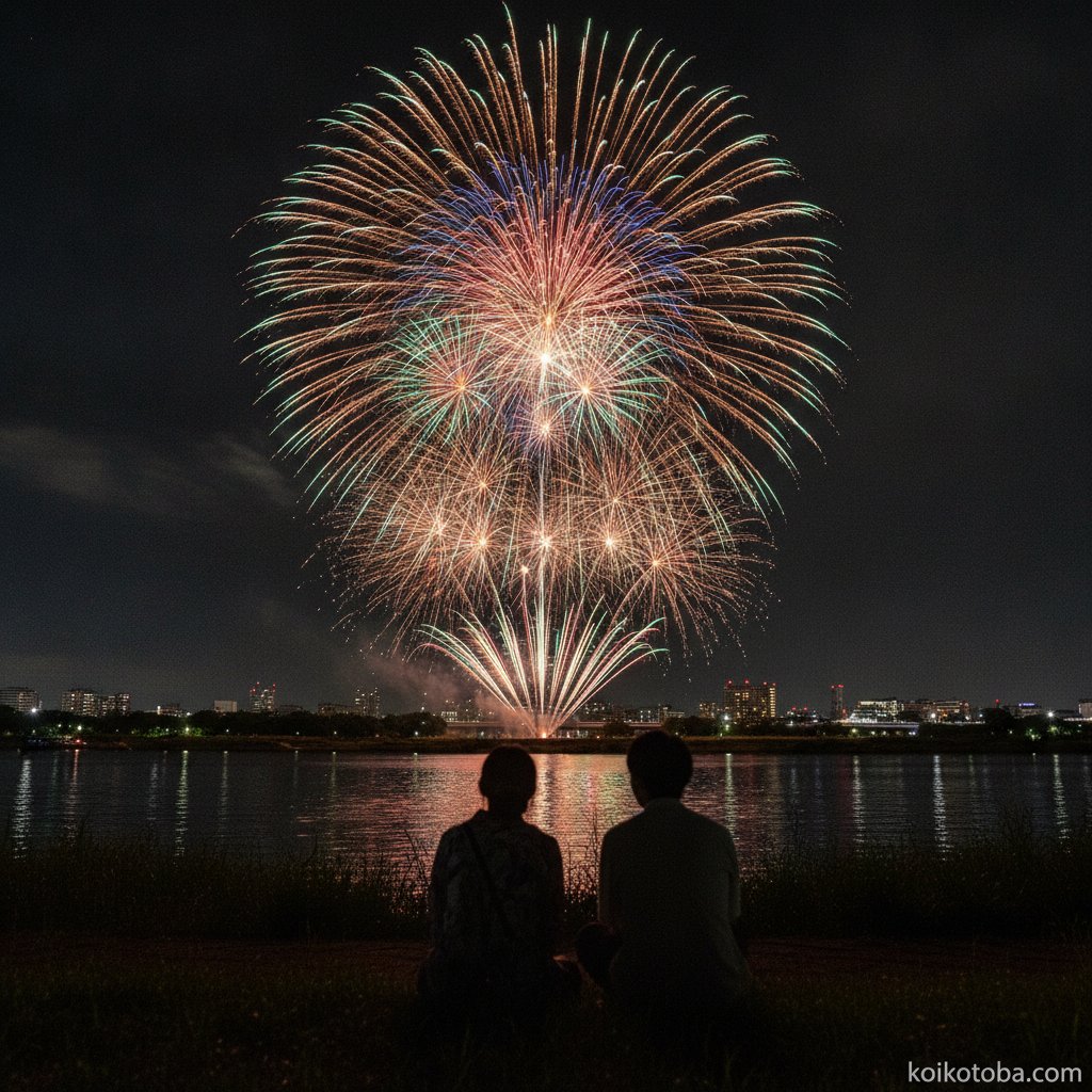 夜空に打ち上がる花火と河川敷に座る二人のシルエット