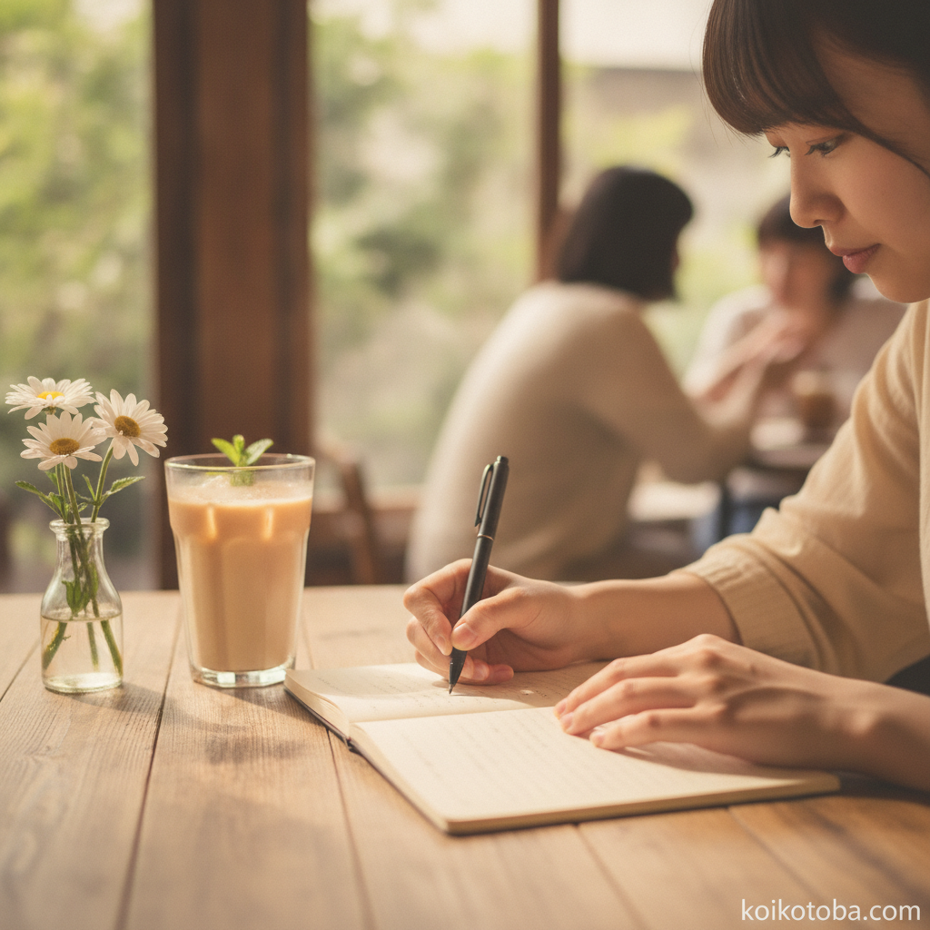 カフェでノートに書き込む手元と花瓶