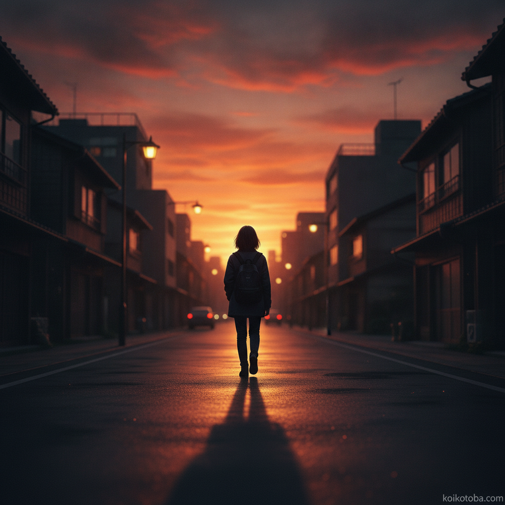 夕暮れの街を歩く人物の後ろ姿