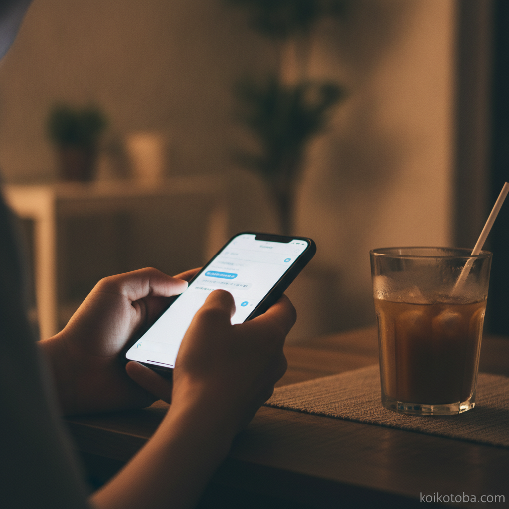 夏の夜にスマートフォンでLINEを確認している手元
