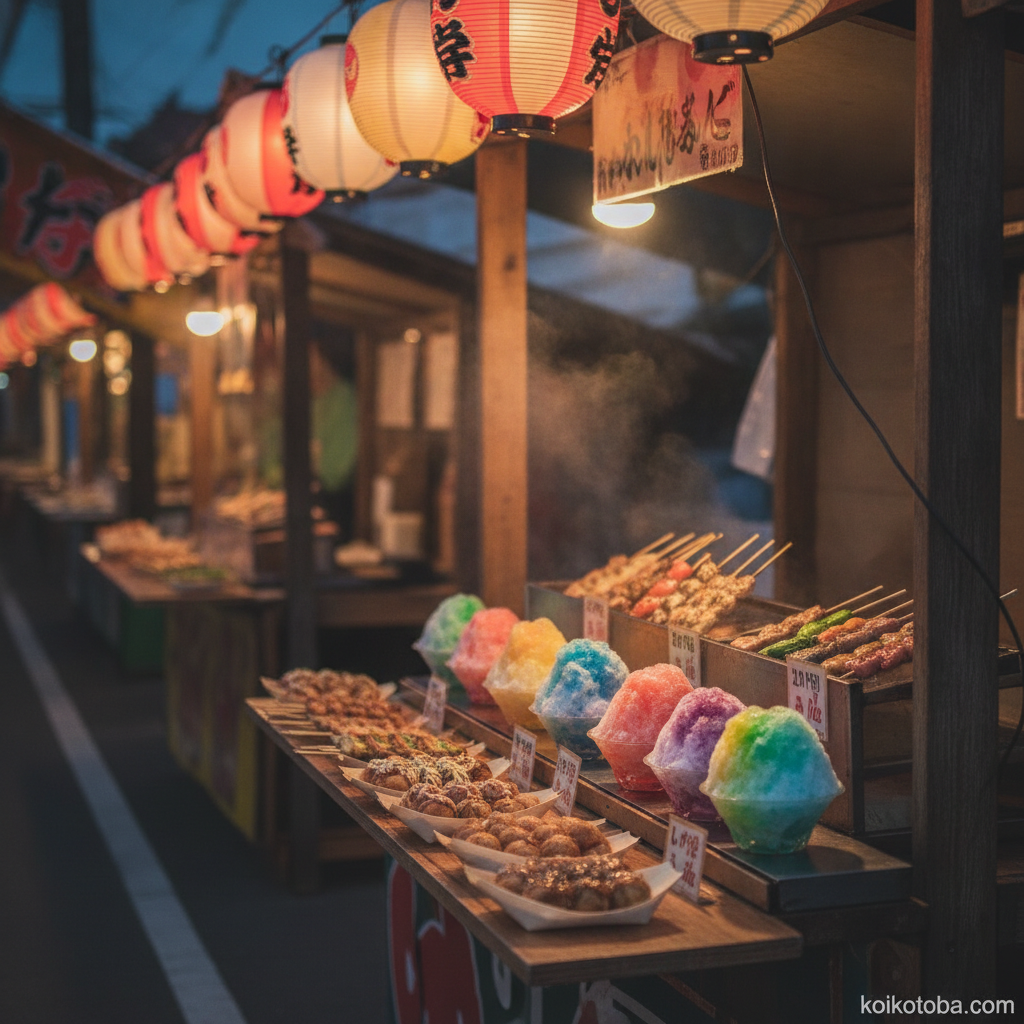 夏祭りの屋台に並ぶカラフルな食べ物