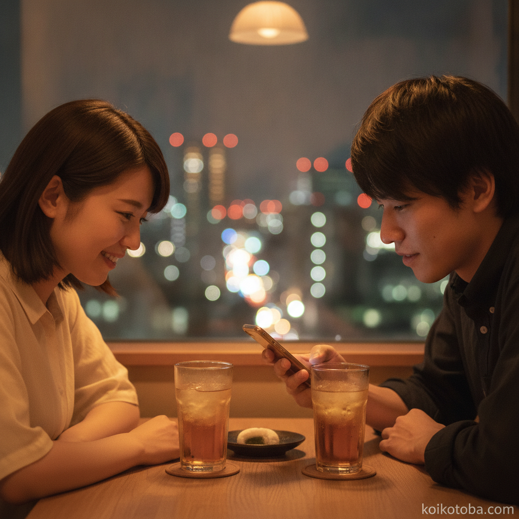 夏の夜にスマホを手に持つ様子