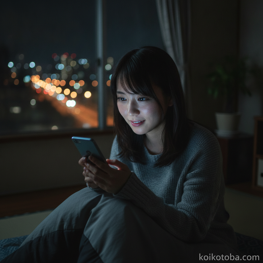 夜にスマートフォンを見つめて返信を待つ女性
