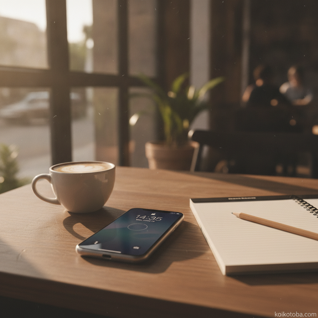 カフェのテーブルに置かれたスマートフォンとコーヒーカップ