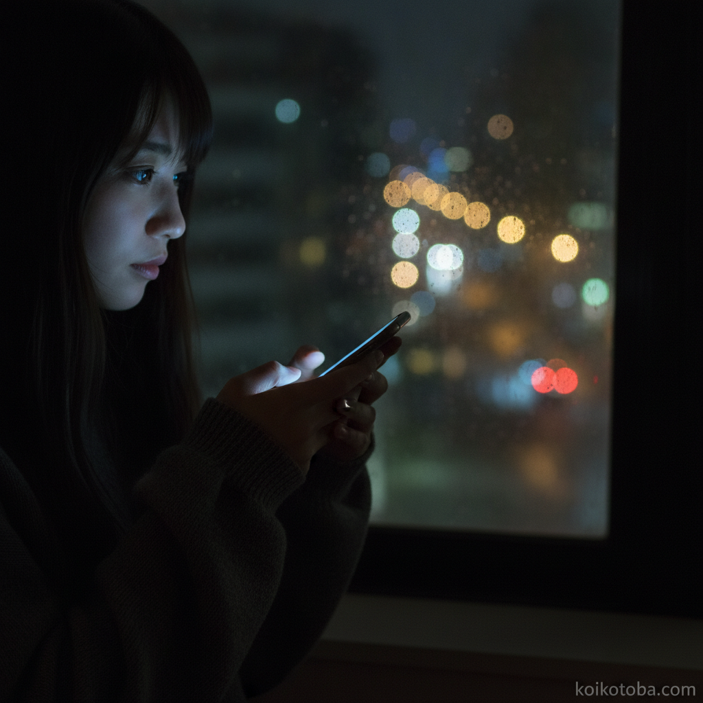 暗い部屋でスマートフォンを見つめる女性の手元