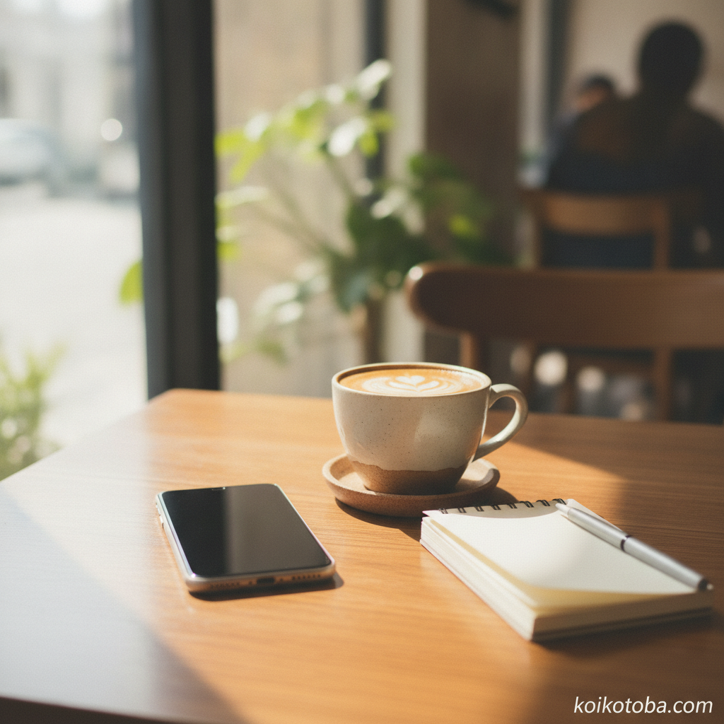 カフェのテーブルに置かれたスマートフォンとコーヒー