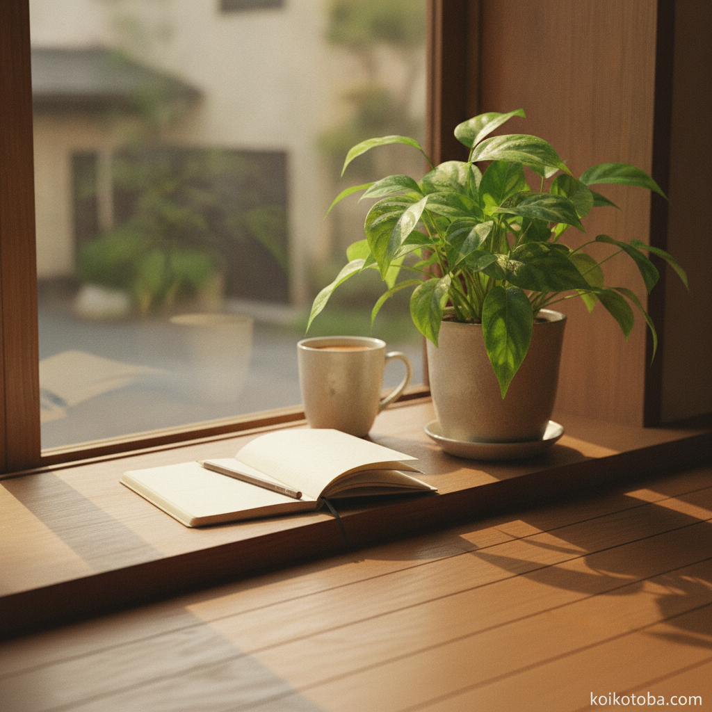窓辺の観葉植物とノートと鉛筆
