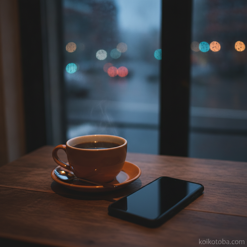夜のカフェで画面が暗くなったスマートフォンとコーヒーカップ