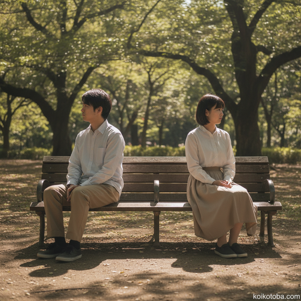 公園のベンチに間隔を空けて座る二人の人影