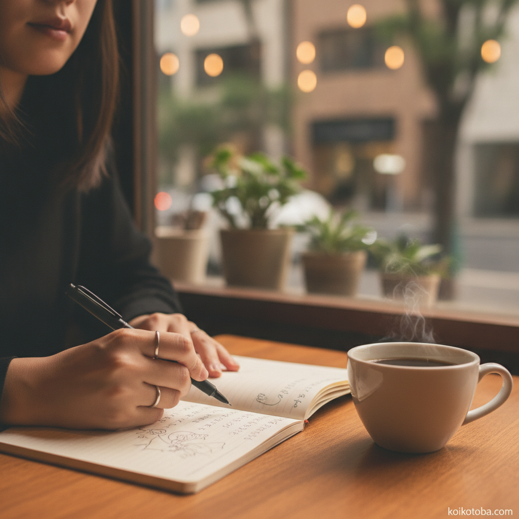 カフェでノートに書き込む女性の手元