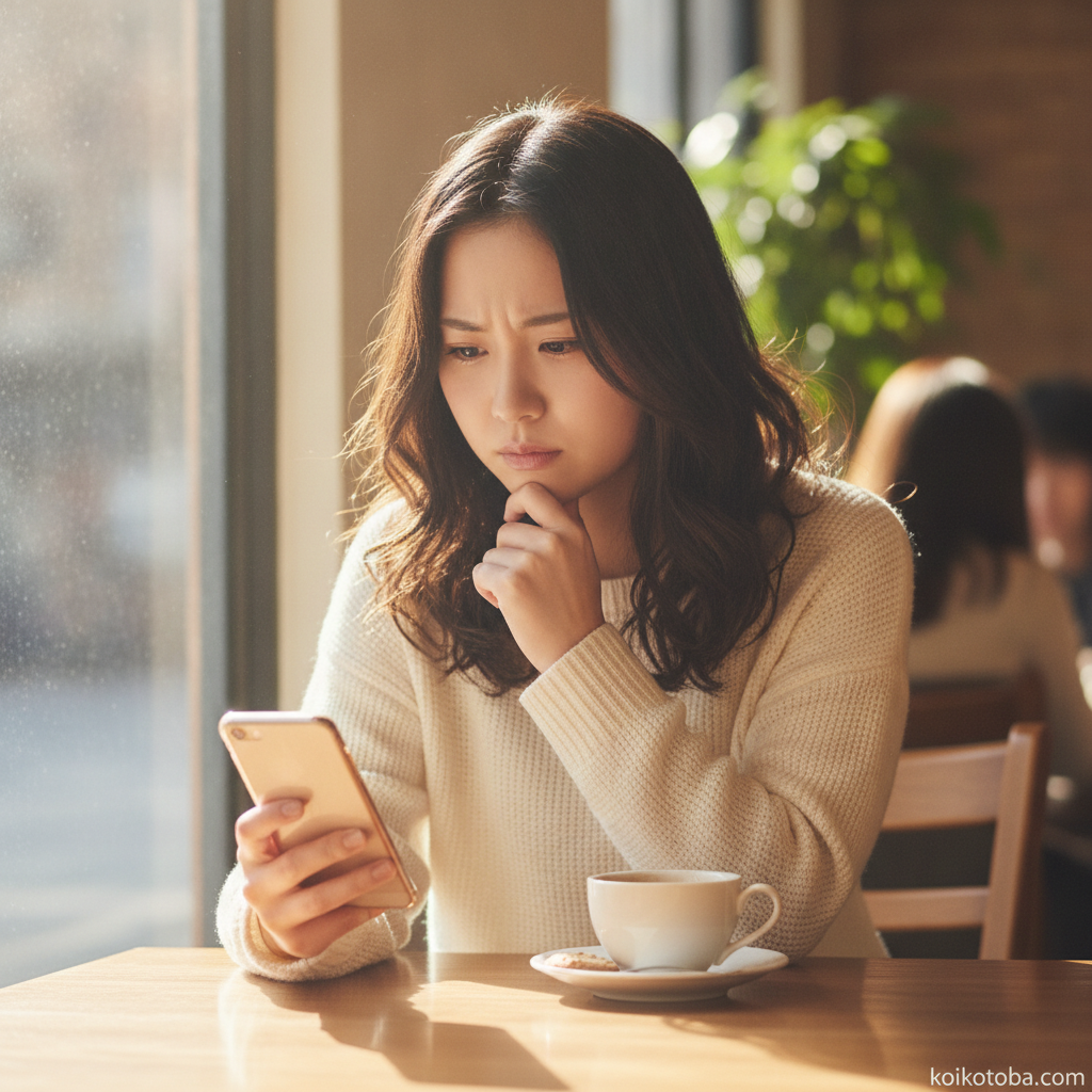スマートフォンを見ながら考え込む女性
