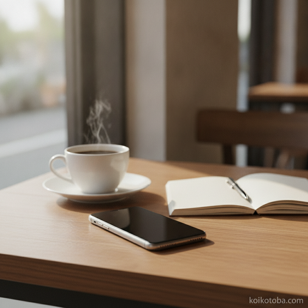 カフェのテーブルに置かれたスマートフォンとコーヒー