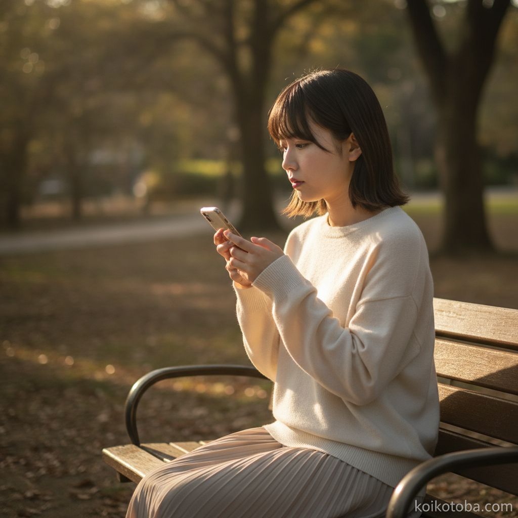 夕方の公園でスマートフォンを見る女性