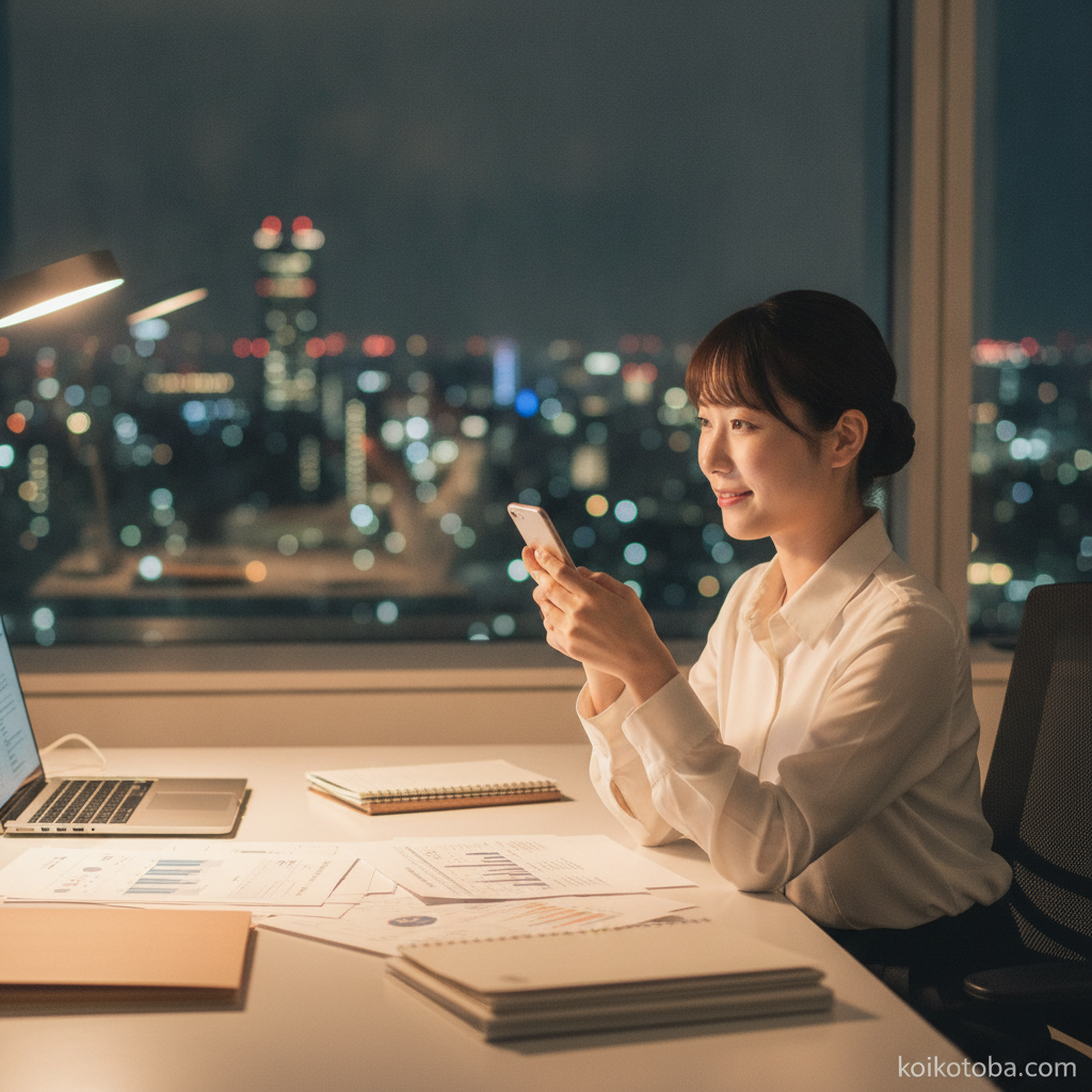 夜のオフィスでスマートフォンを見て微笑む社会人
