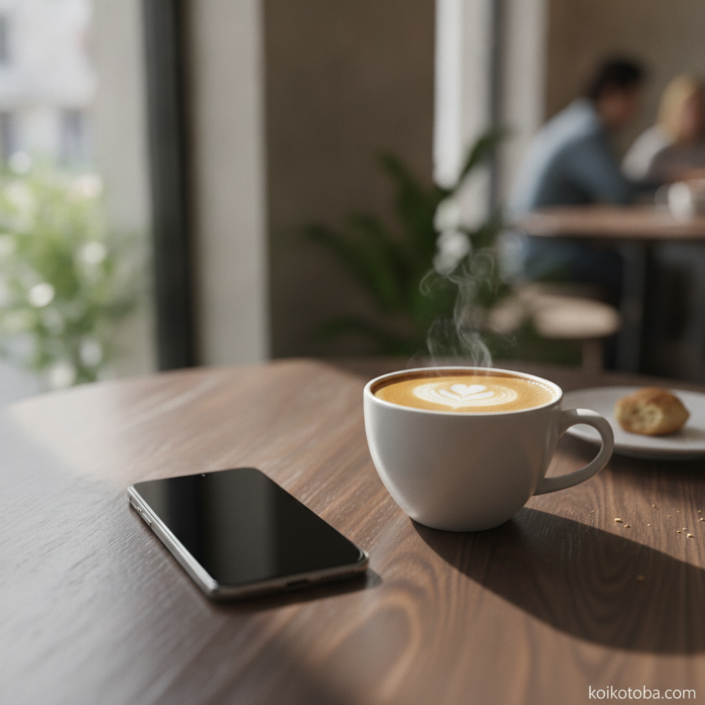 カフェのテーブルに置かれたスマートフォンとコーヒーカップ