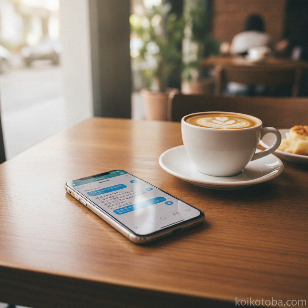 カフェでスマートフォンのメッセージを確認している場面