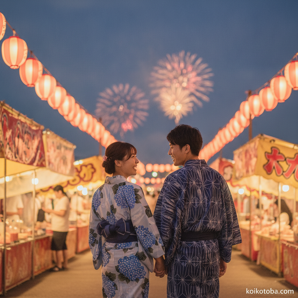 夏祭りの提灯の灯りの中を浴衣で並んで歩くカップルの後ろ姿