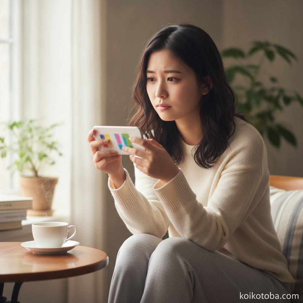 SNSを眺めながら考える若い女性