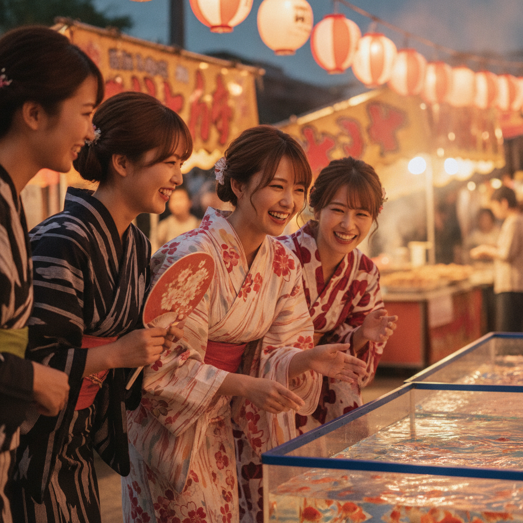 夏祭りで浴衣姿の女の子たちが楽しそうに笑っているイラスト