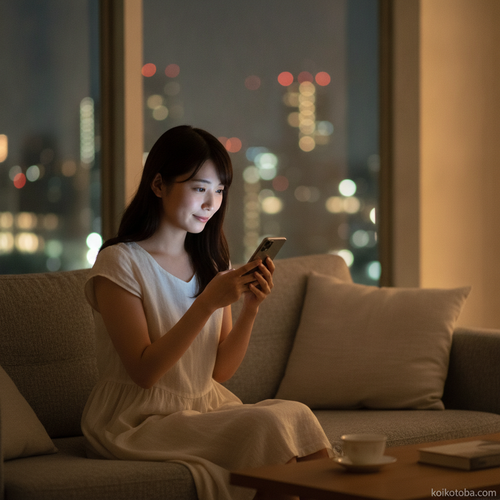 夏の夜にスマートフォンを見つめる女性