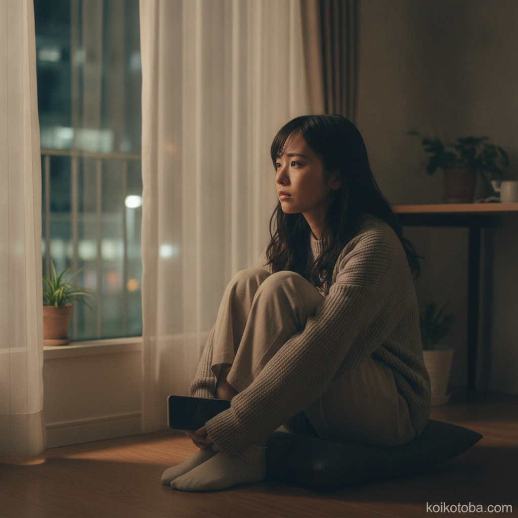 夜に部屋で窓の外を眺めながら考え込む女性