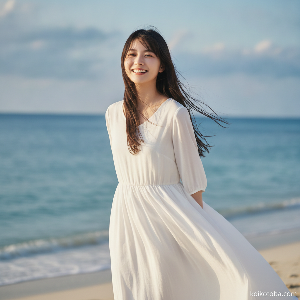 海辺でワンピースの裾を風になびかせる女性