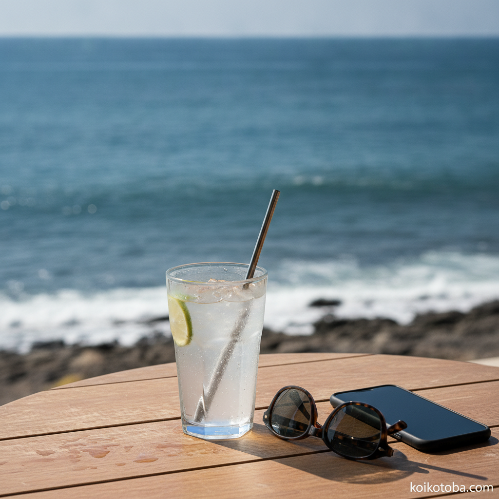 海が見えるカフェテラスのアイスドリンクとサングラス