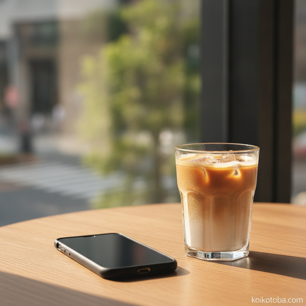 カフェのテーブルの上のスマホとアイスラテ