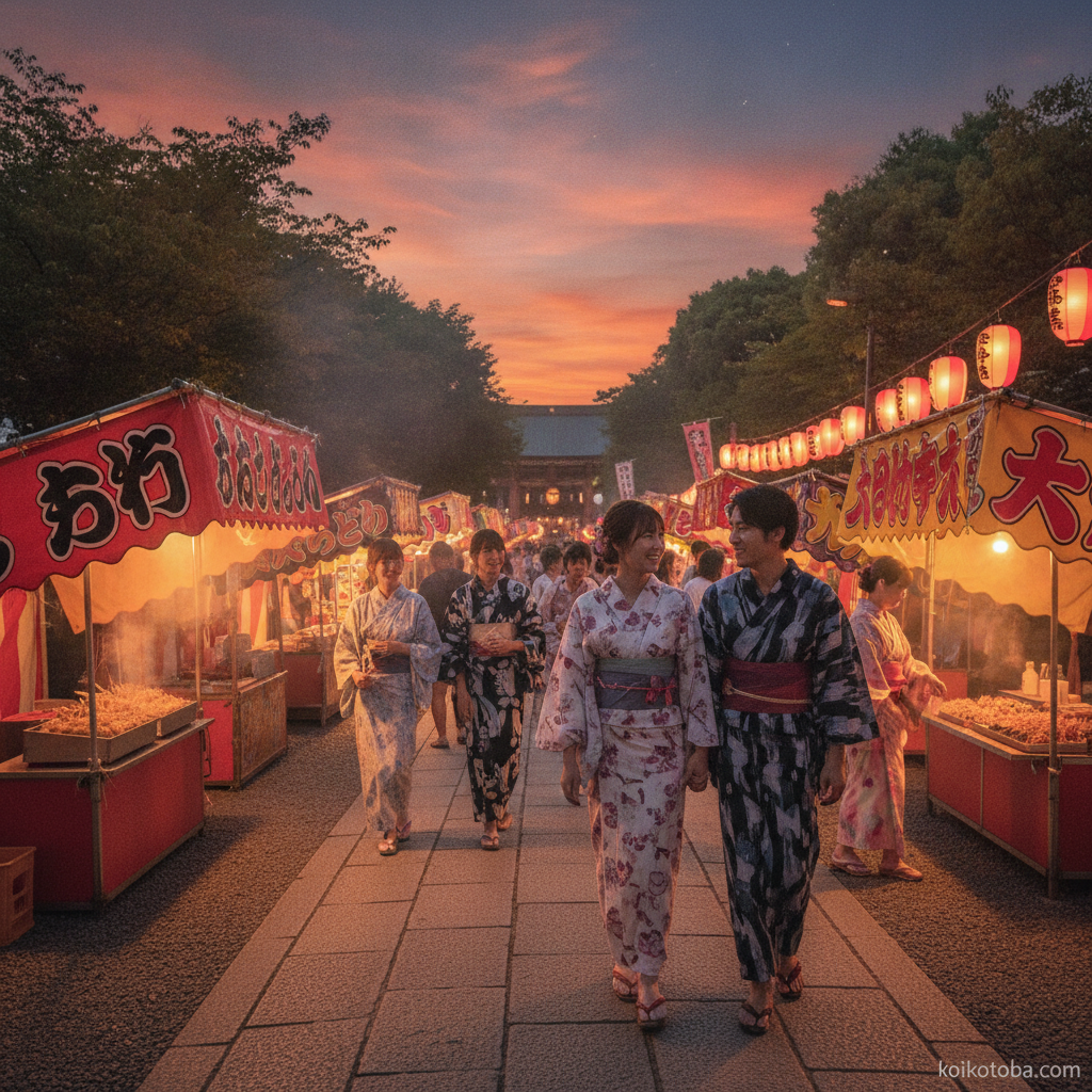 夏祭りの夕暮れに提灯が並ぶ縁日の参道