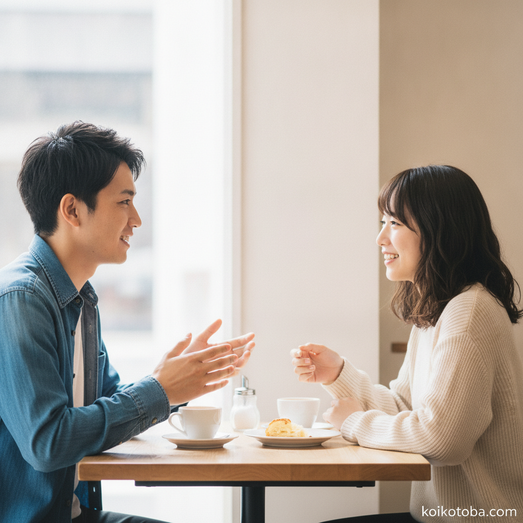 カフェで楽しそうに雑談をしている男女のカップル
