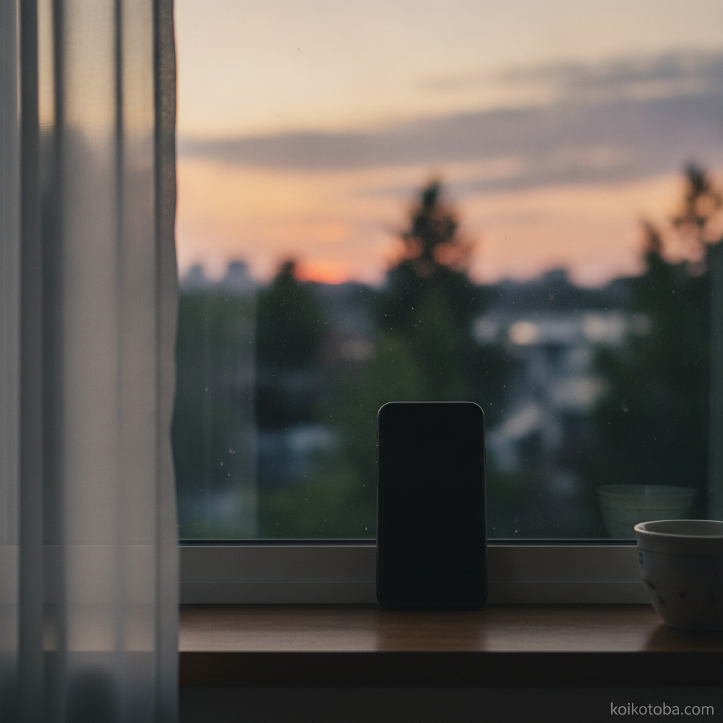 倦怠期に物思いにふけるような夕暮れの窓辺とスマートフォン