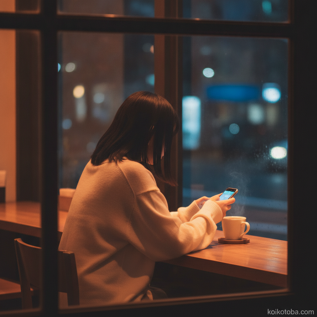 夜のカフェでスマホを見る女性