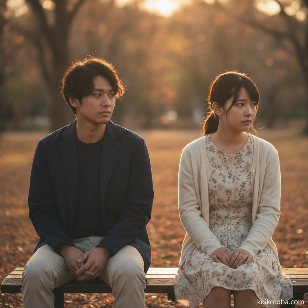夕方の公園のベンチに並んで座る男女。少し距離があり、曖昧な空気感が漂っている
