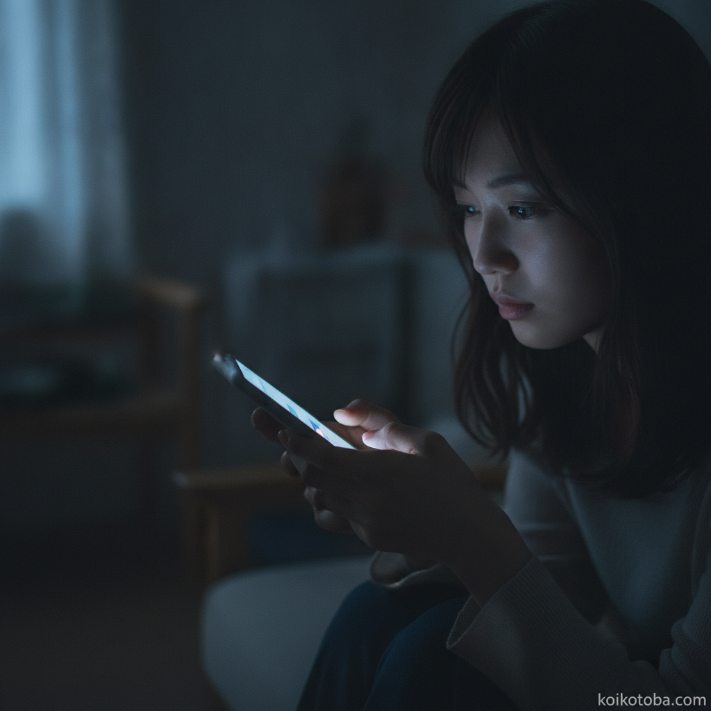 夜にスマートフォンを見つめてマッチングアプリ疲れを感じる様子