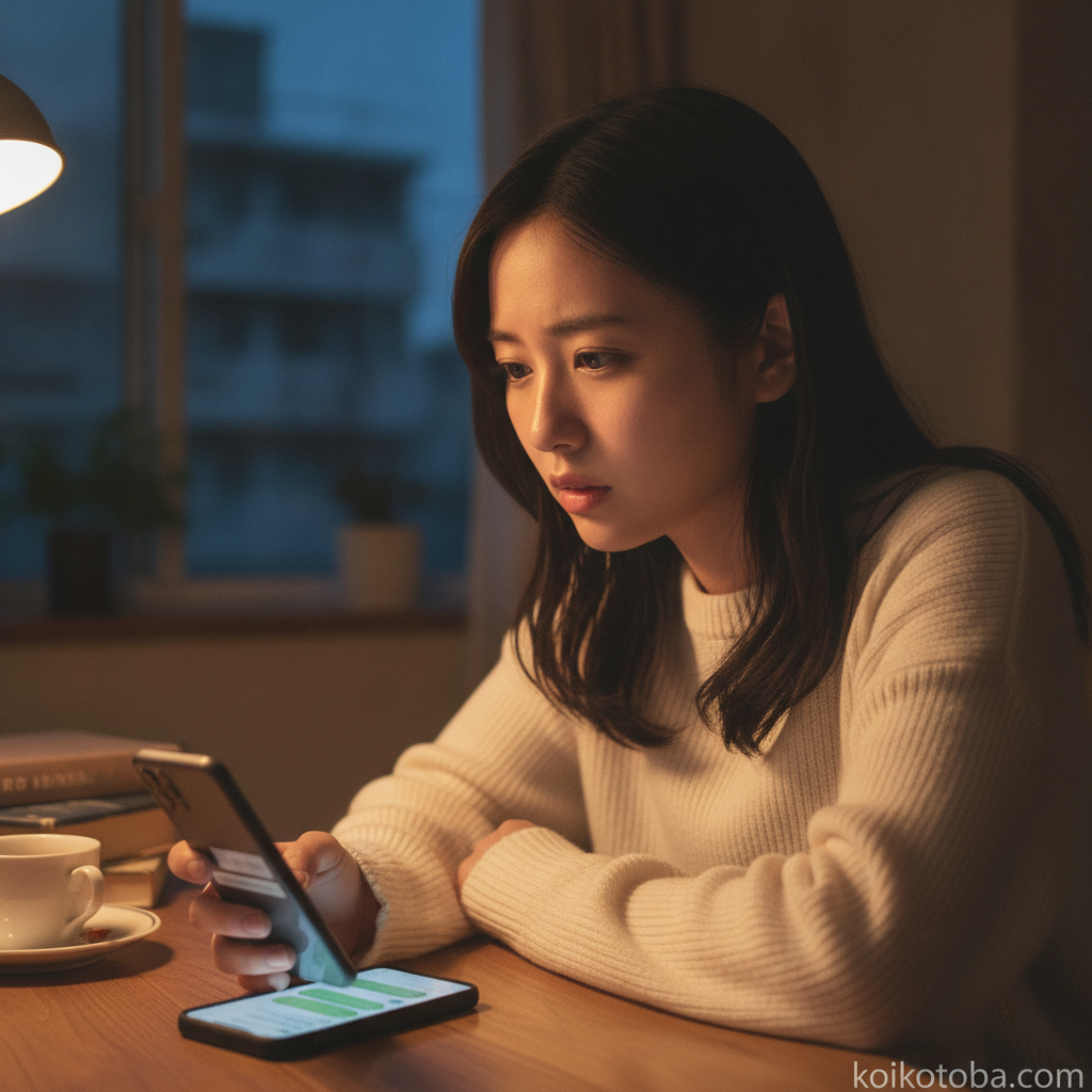 告白の返事を待ちながらスマホを見つめる女性