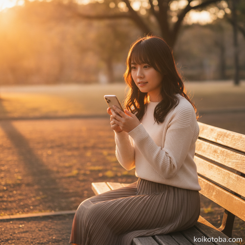 夕暮れの公園でスマホを見つめながら告白の言葉を考える女性