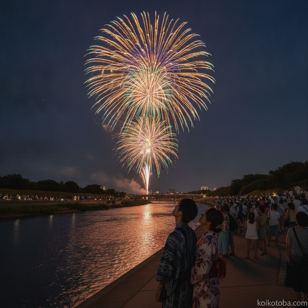 花火大会の夜空と並んで見上げる二人のシルエット