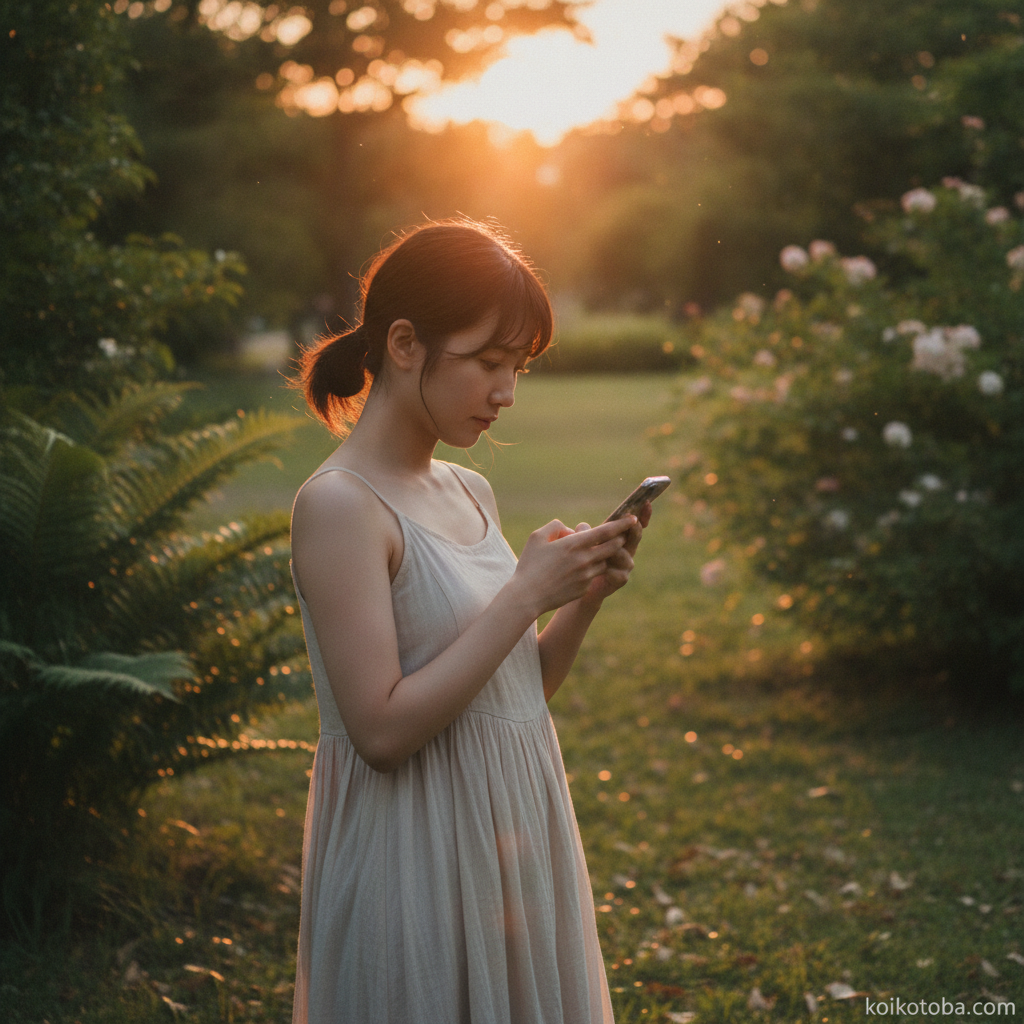 夕暮れの公園でスマホを見つめながら誘い文句を考える女性