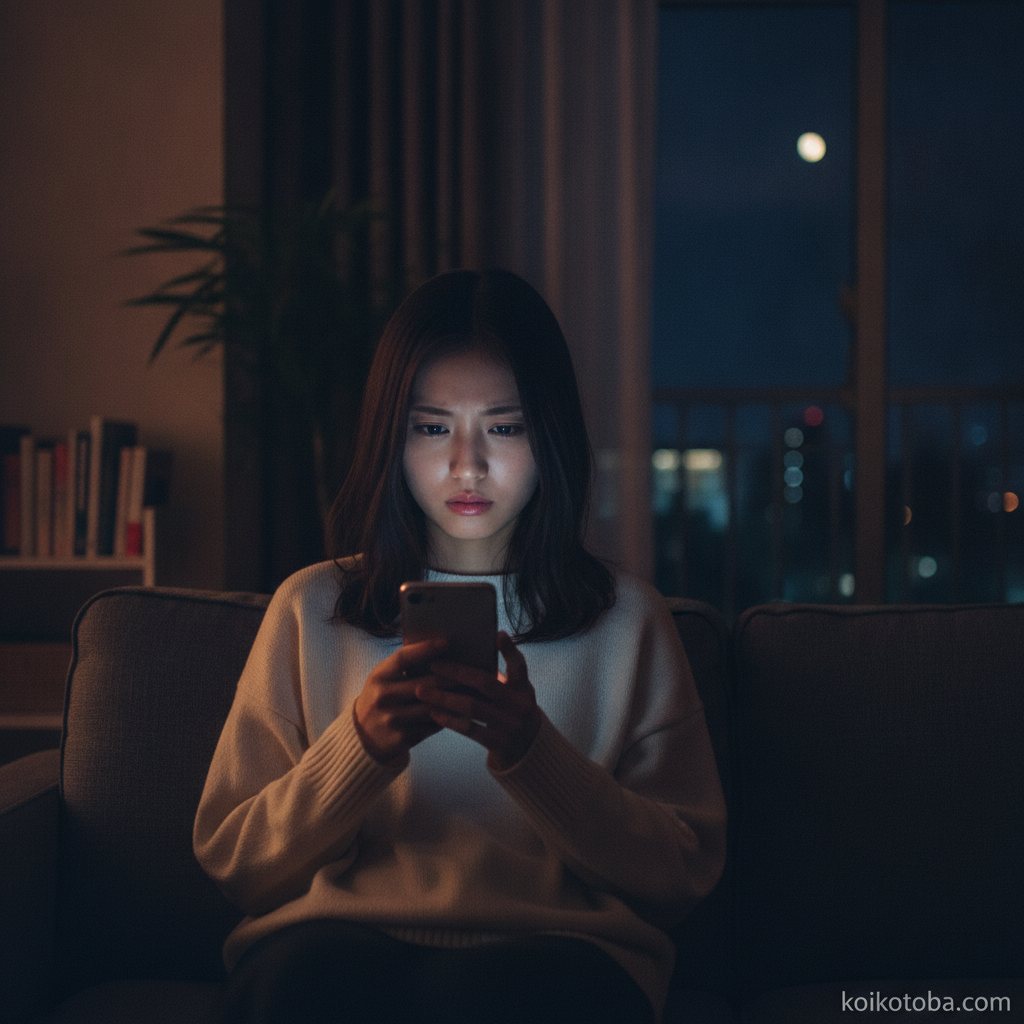 夜にスマートフォンを見つめて考え込む女性