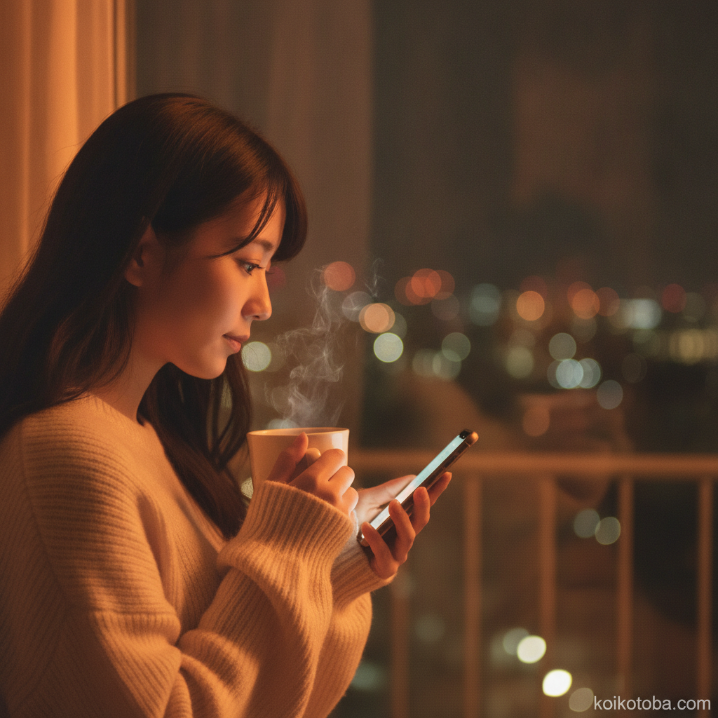 夜の窓辺でスマホを見ながら告白のタイミングを考える女性