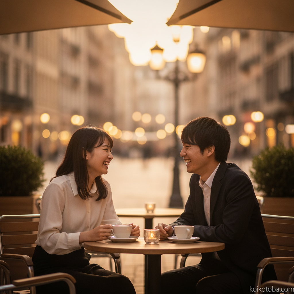 金曜の夜、カフェのテラスで会話する二人
