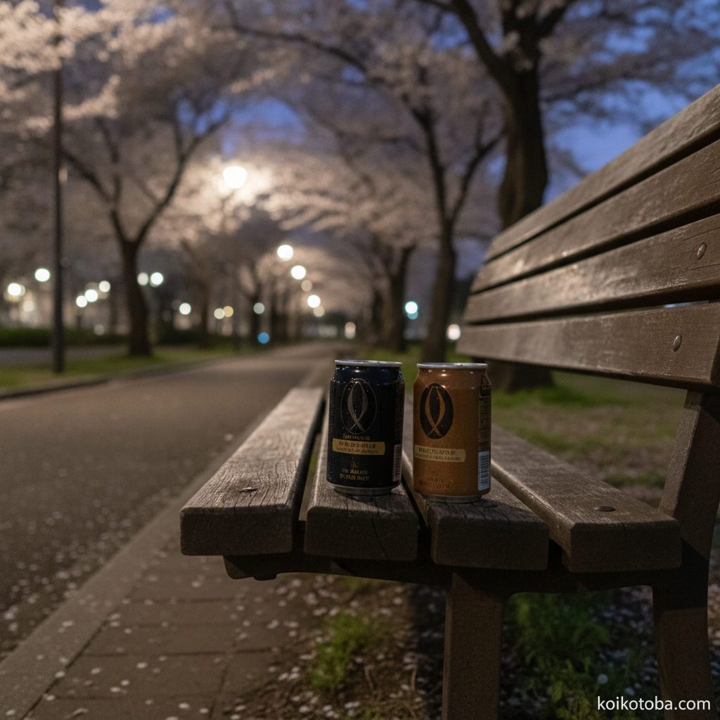 夜の公園のベンチに並んだ二つの缶コーヒー