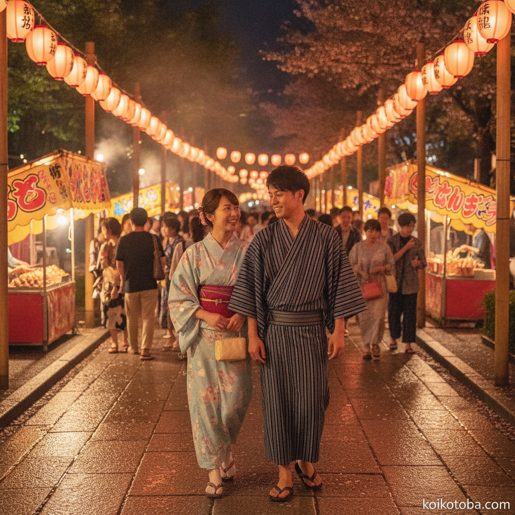 夏祭りの夜に浴衣で並んで歩く若いカップル
