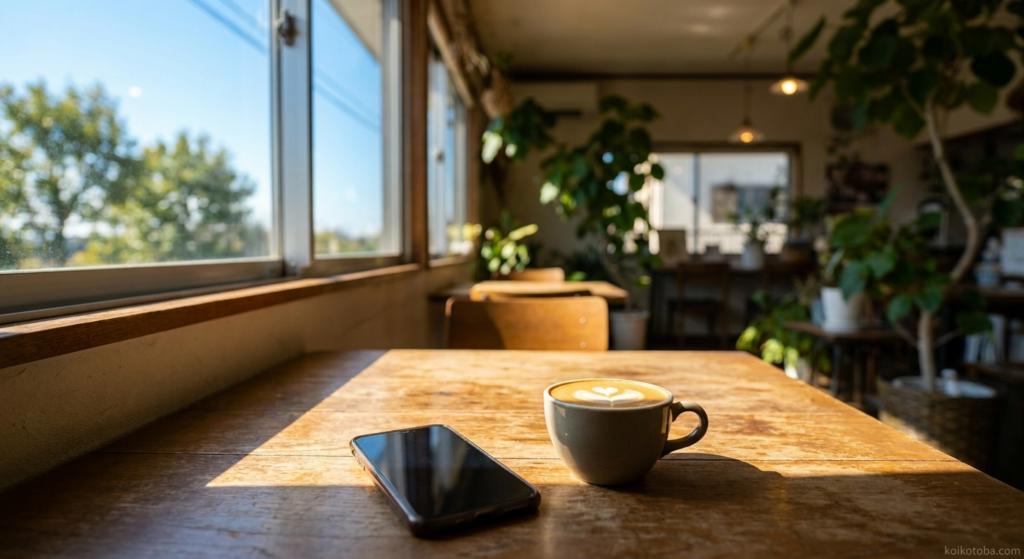 カフェのテーブルに置かれたスマートフォンとコーヒーカップ、明るい窓の光