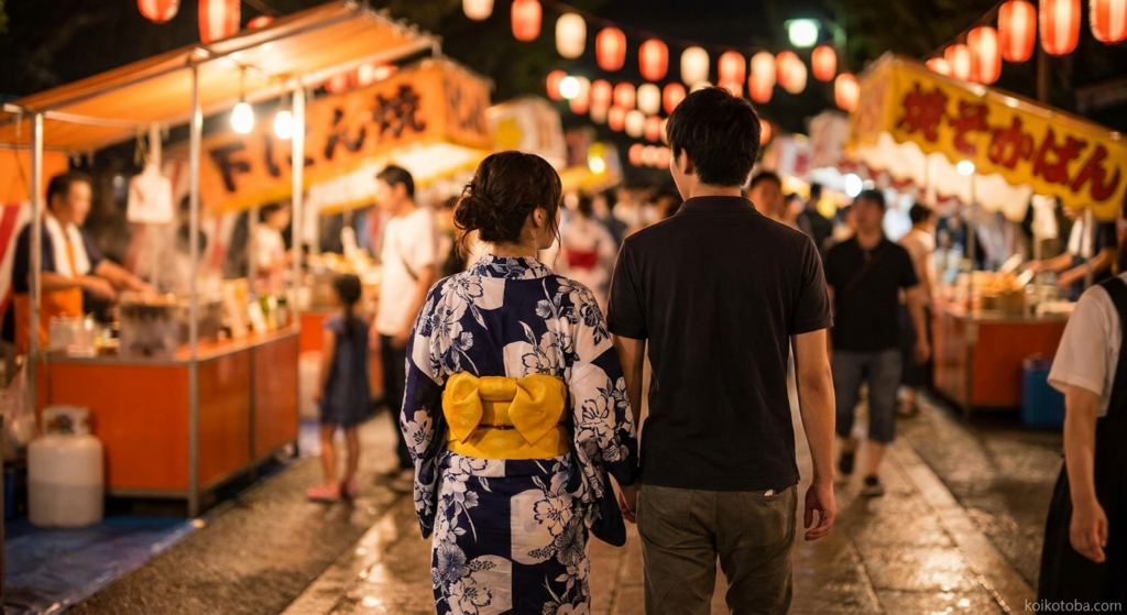夏祭りの夜道を歩く浴衣姿のカップルの後ろ姿