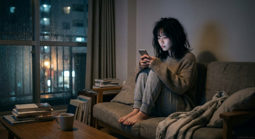夜の部屋でスマホを見つめて膝を抱える人物